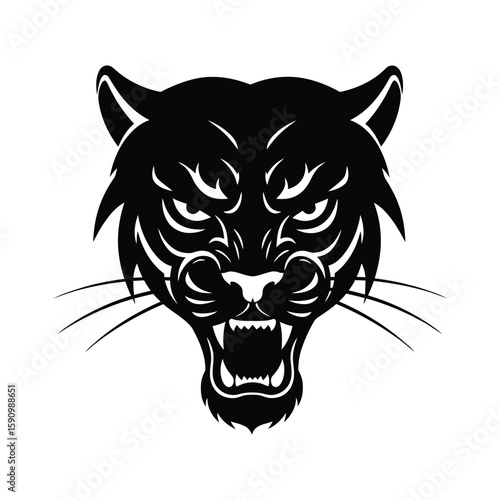 An angry panther mascot with bared fangs is isolated on white background, showcasing its fierce and predatory nature