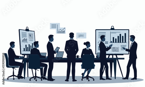 Business meeting with business people working together around a table in office silhouette vector