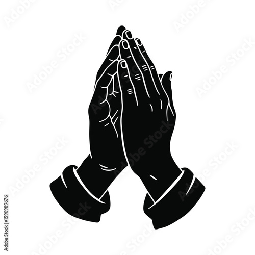 A pair of hands are clasped together in prayer, isolated on white background
