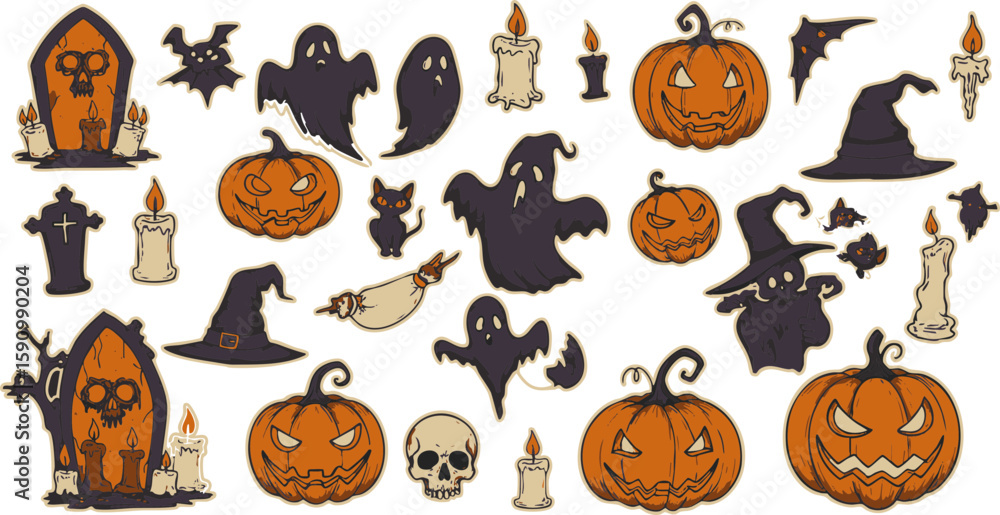 Fototapeta premium This vector set features a spooky array of Halloween icons, including pumpkins, bats, ghosts, and witches, perfect for your holiday designs