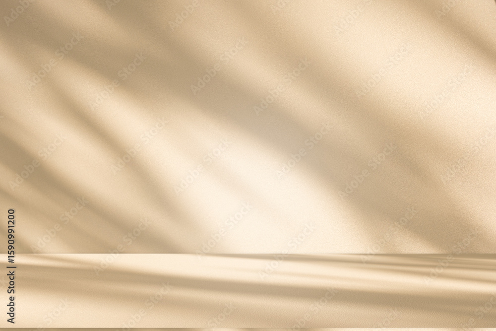 Obraz premium Studio style background wall decoration presentation uses white and beige tones. with shadows cast from a nearby window, concept creating a decorative backdrop. 