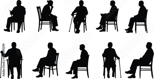 PrintSenior people sitting silhouette, elderly man woman with cane, seated old figures, retirement concept, silhouette collection, health care pose