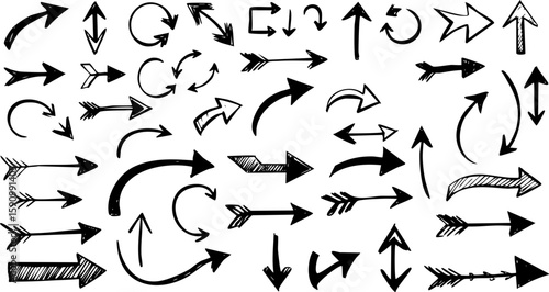 Hand-drawn arrow set vector icons: a collection of black sketch design elements for web direction pointers and symbols