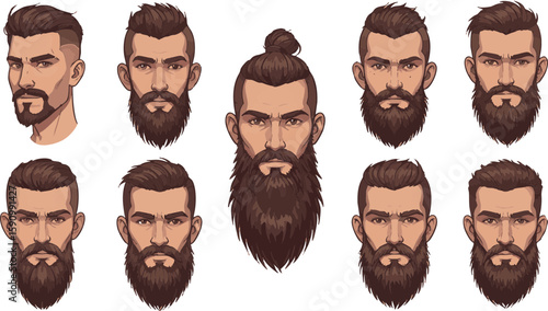 A collection of diverse cartoon men's faces, showcasing various humorous expressions, hairstyles, and beards, perfect for avatars or character illustrations