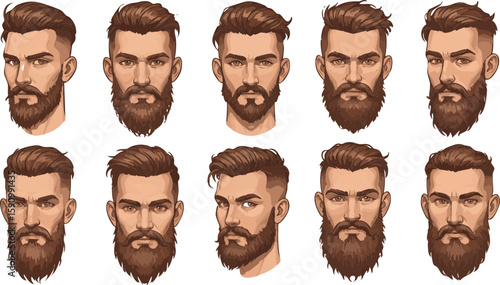 A collection of diverse cartoon faces and funny facial expressions for men and women, featuring various hairstyles, beards, and mustaches