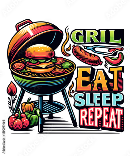 Grill Eat Sleep Repeat BBQ Illustration with Burger and Sausage for Food Lovers