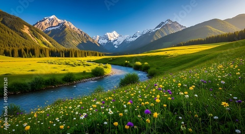 Idyllic mountain landscape with river meadows and wildflowers scenery painting