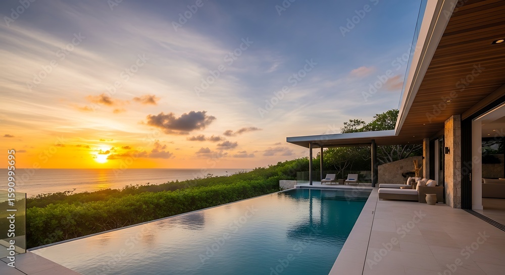 Luxury villa with infinity pool overlooking ocean at sunset offering serene retreat Luxury villa with infinity pool overlooking ocean at sunset offering serene retreat