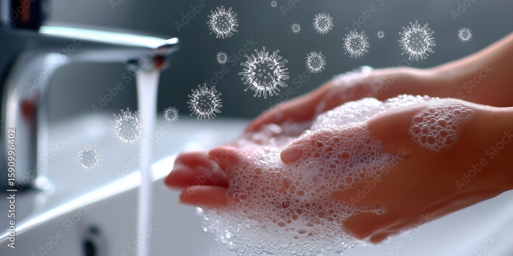 Fototapeta premium Close-up of hands being washed with antibacterial soap