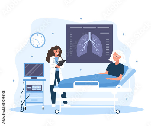 Pulmonology concept. Female doctor check X Ray scanning and fluorography. Health lungs check up. Vector illustration in flat cartoon style.