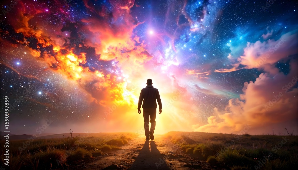 Fototapeta premium Human silhouette walking into explosion of cosmic colors, concept of consciousness and exploration