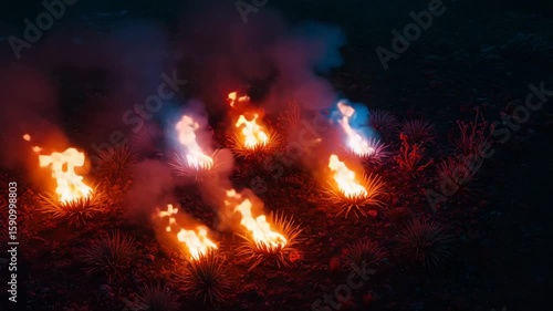 Fiery plants illuminated at night with smoke rising