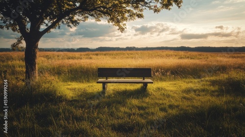 A solitary wooden bench sits beneath a tree in a field of tall grass. The sky is a mix of blue and grey with fluffy clouds.
