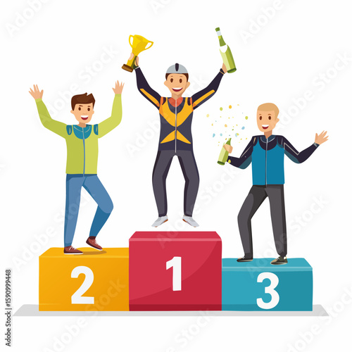 Flat vector of a MotoGP rider jumping with excitement on the podium, champagne bottle in hand, surrounded by teammates, white background