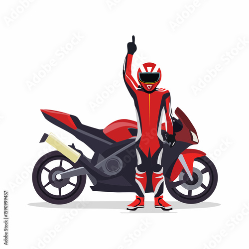 Stylized vector illustration of a MotoGP racer kneeling next to their bike in victory pose, number 1 finger raised, white background