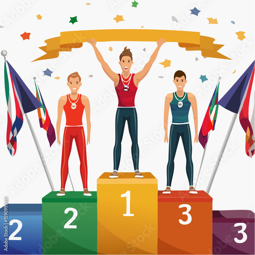 Vector illustration of an Olympic podium ceremony, gold, silver, and bronze medalists standing proudly, with national flags behind them