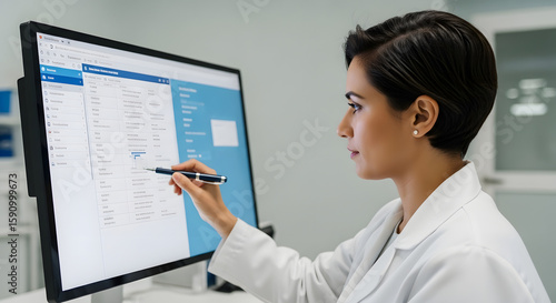 Woman Doctor Analyzing Data on Computer.