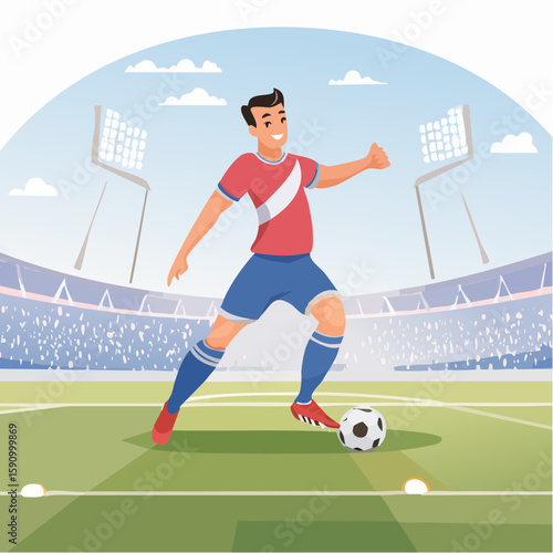 ector artwork of a soccer player scoring a goal in the Olympic Games, stadium lights and crowd in the distance, energetic pose