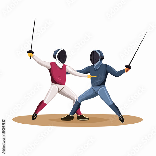 Vector illustration of a fencing match between two Olympic athletes, mid-action pose with foils crossed, stylized flat design
