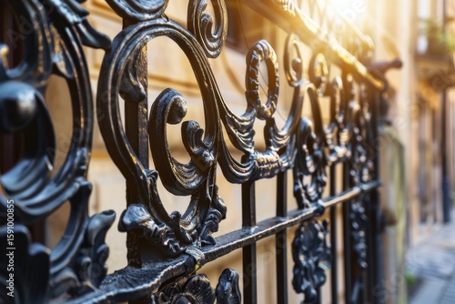 Ornate black iron gate details showcasing craftsmanship in a historic urban setting at sunrise