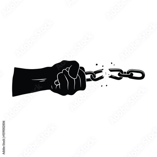 A powerful fist breaks a chain, symbolizing the triumph over oppression isolated on white background
