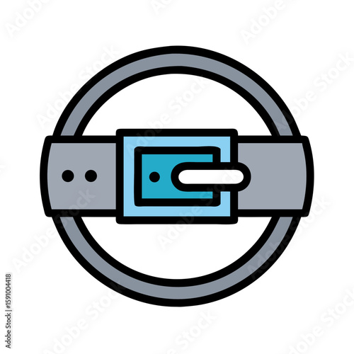 Flat style leather belt with round metal buckle in gray and blue on white background, representing fashion accessory, waist fastening, and clothing utility
