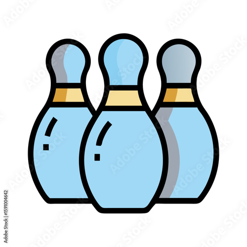Flat style group of three bowling pins in blue and gold on white background, representing bowling game, sports recreation, and indoor activity
