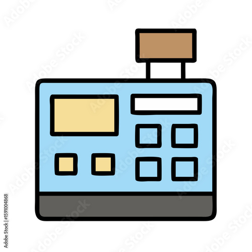 Flat style cash register with buttons and display in blue and gray on white background, representing retail sales, checkout process, and transaction systems
