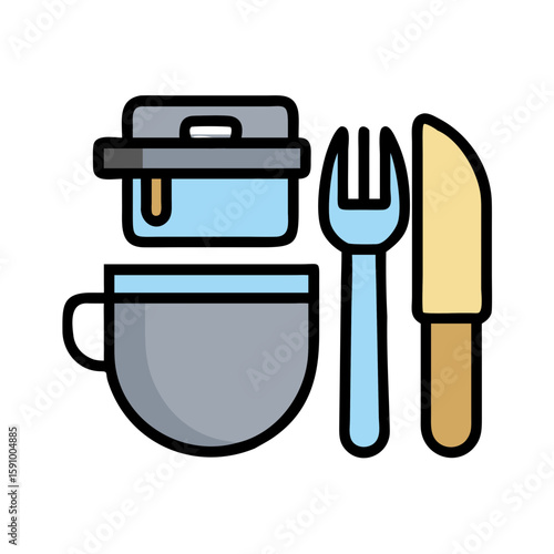 Flat style tableware set with stacked bowl, cup, fork, and knife on white background, representing dining, mealtime arrangement, and kitchen utensil organization
