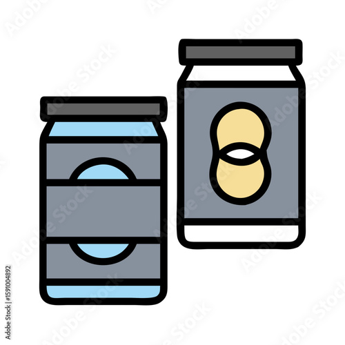 Flat style jars with peanut labels in blue and gray tones on white background, representing nut-based food, protein nutrition, and grocery packaging
