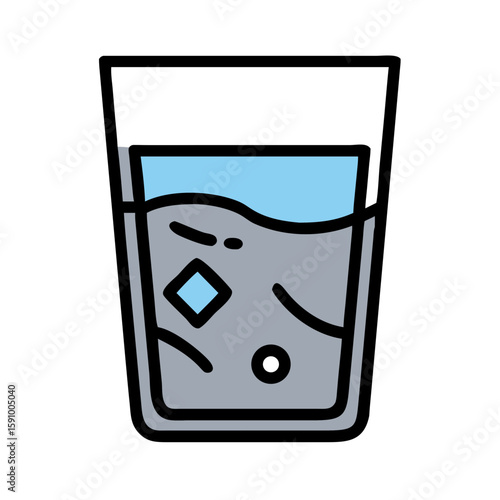 Flat style transparent glass of water with bubbles on white background, symbolizing hydration, health, clarity, and pure drinking liquid
