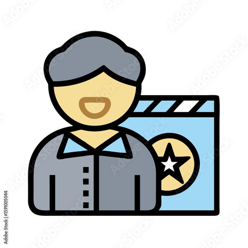 Flat style movie director figure with clapperboard in background on white canvas, representing film industry, video production, and creative cinematography
