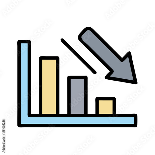 Declining bar chart with downward arrow in flat style on white background, symbolizing financial loss, negative growth, crisis, or decreased performance in business
