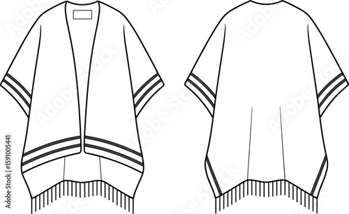 Women's stylish open-front poncho with fringe detail and stripe accents flat fashion sketch, versatile elegant apparel technical illustration, comfortable and chic layering piece.