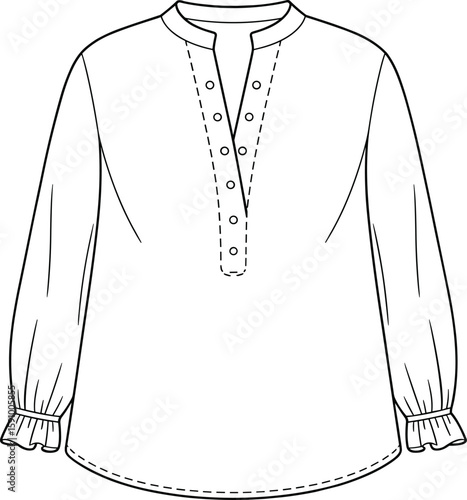 Women's stylish stand collar tunic blouse with button placket and ruffled cuffs flat fashion sketch, versatile elegant apparel technical illustration, comfortable and chic top design.