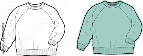Classic unisex raglan sleeve crew neck sweatshirt with ribbed cuffs and hem flat fashion sketch, comfortable casual apparel technical illustration, versatile everyday top design.