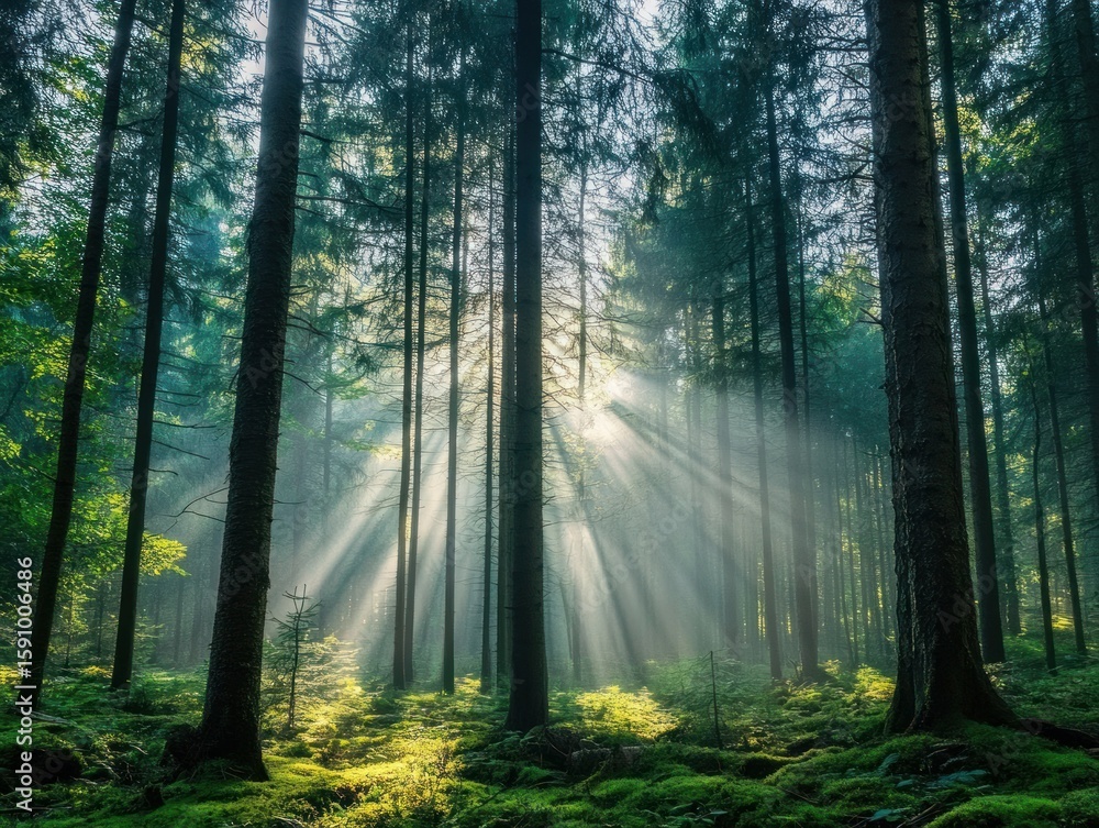 Fototapeta premium Sunlight filtering through tall trees in a dense forest