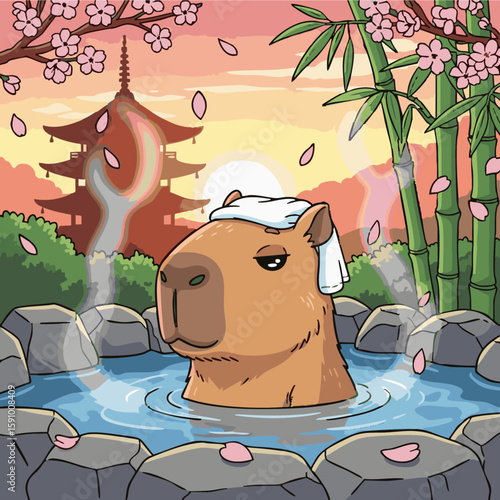 A cute cartoon illustration capybara enjoying hot spring in japanese style background