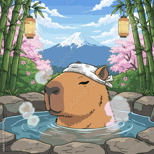 A cute cartoon illustration capybara enjoying hot spring in Japanese style background