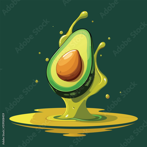 Fresh green ripe avocado juice banner with falling fruit elements