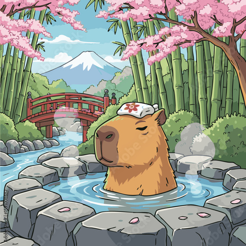 A cute cartoon illustration capybara enjoying hot spring in Japanese style background
