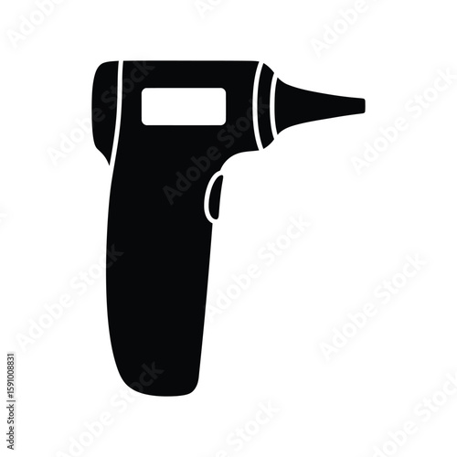 A black and white illustration of an otoscope isolated on white background, perfect for designs related to healthcare, medicine, or medical equipment