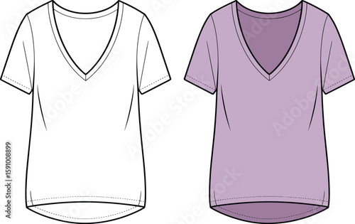 Women's classic V-neck t-shirt with short sleeves flat fashion sketch, versatile feminine apparel technical illustration, comfortable everyday staple design for casual wear.