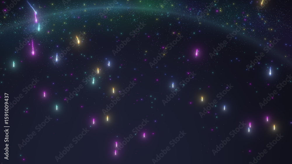 Obraz premium Comets and meteors of various colors set amidst a starry backdrop with flares.