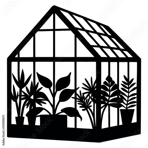 Greenhouse silhouette with lush plants growing inside
