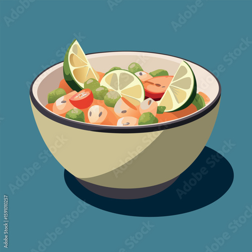 Hand drawn illustration of a delicious ceviche dish with fresh ingredients