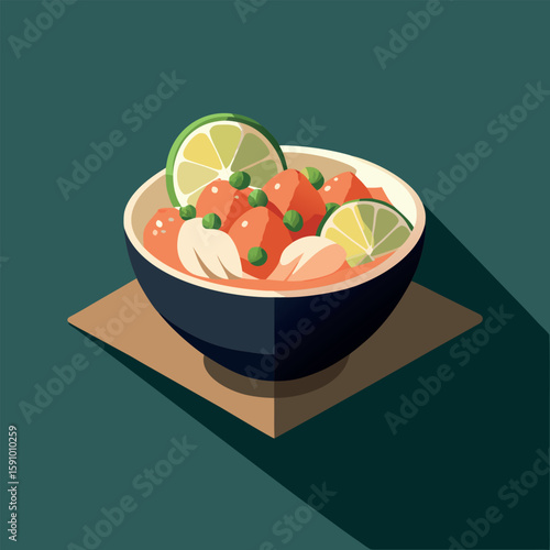 Hand drawn illustration of a delicious ceviche dish with fresh ingredients