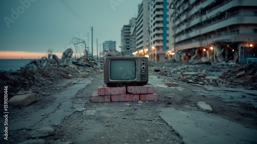 Vintage TV on Bricks in Ruins PostApocalyptic Cityscape with Disaster Concept.