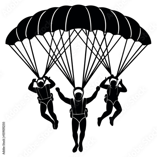 Three skydivers descending with open parachutes against a sky background