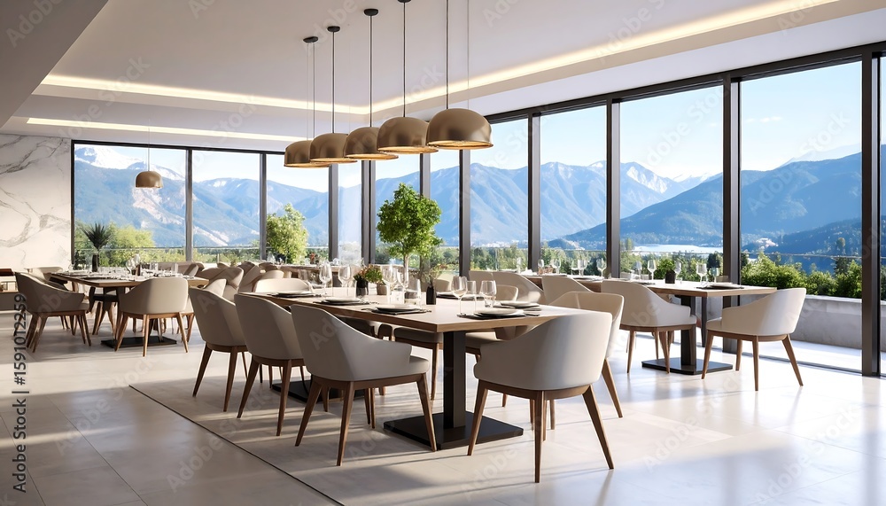 Fototapeta premium Modern restaurant with mountain views